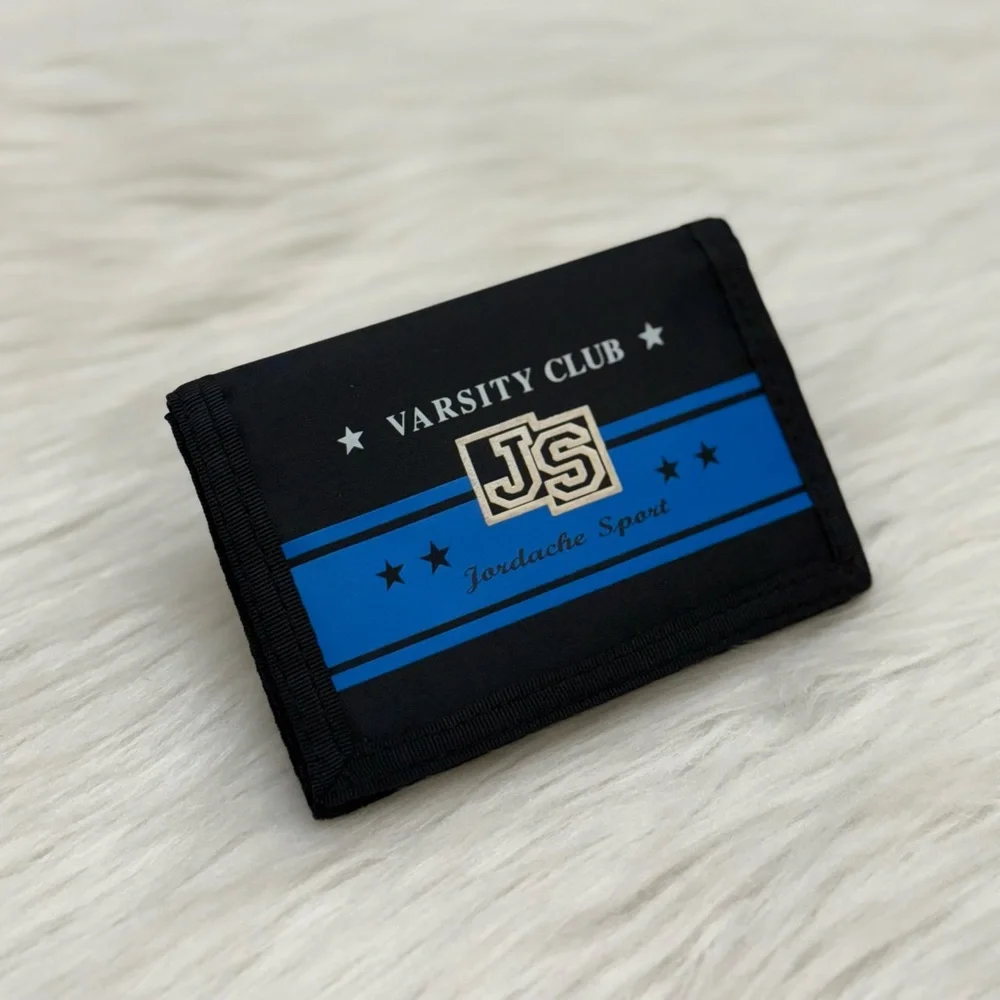 JORDACHE - BLACK BLUE NYLON SPORT VARSITY CLUB TRIFOLD VELCRO WALLET